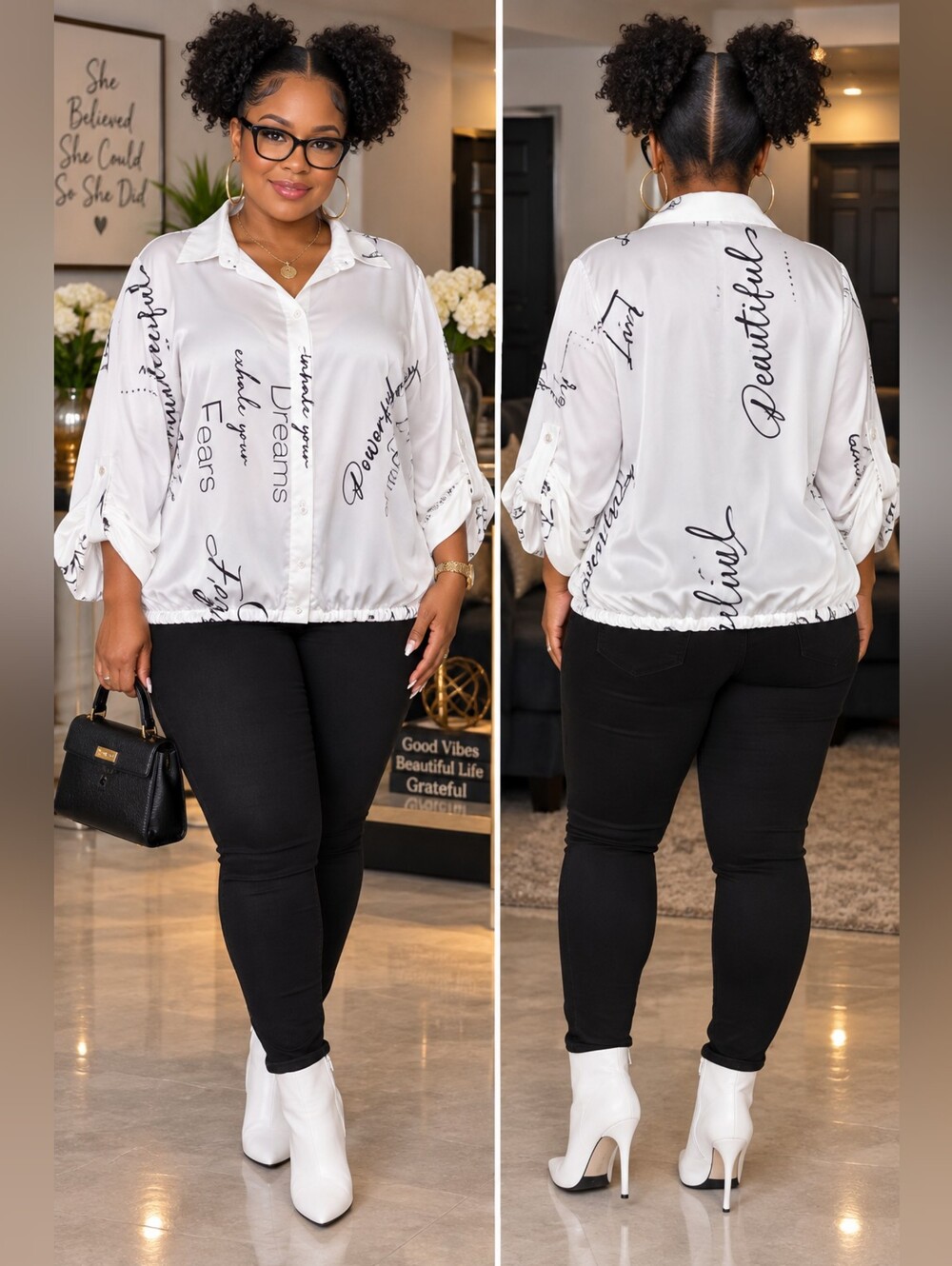 Ashley Stewart White Script-Print Button-Front Blouse